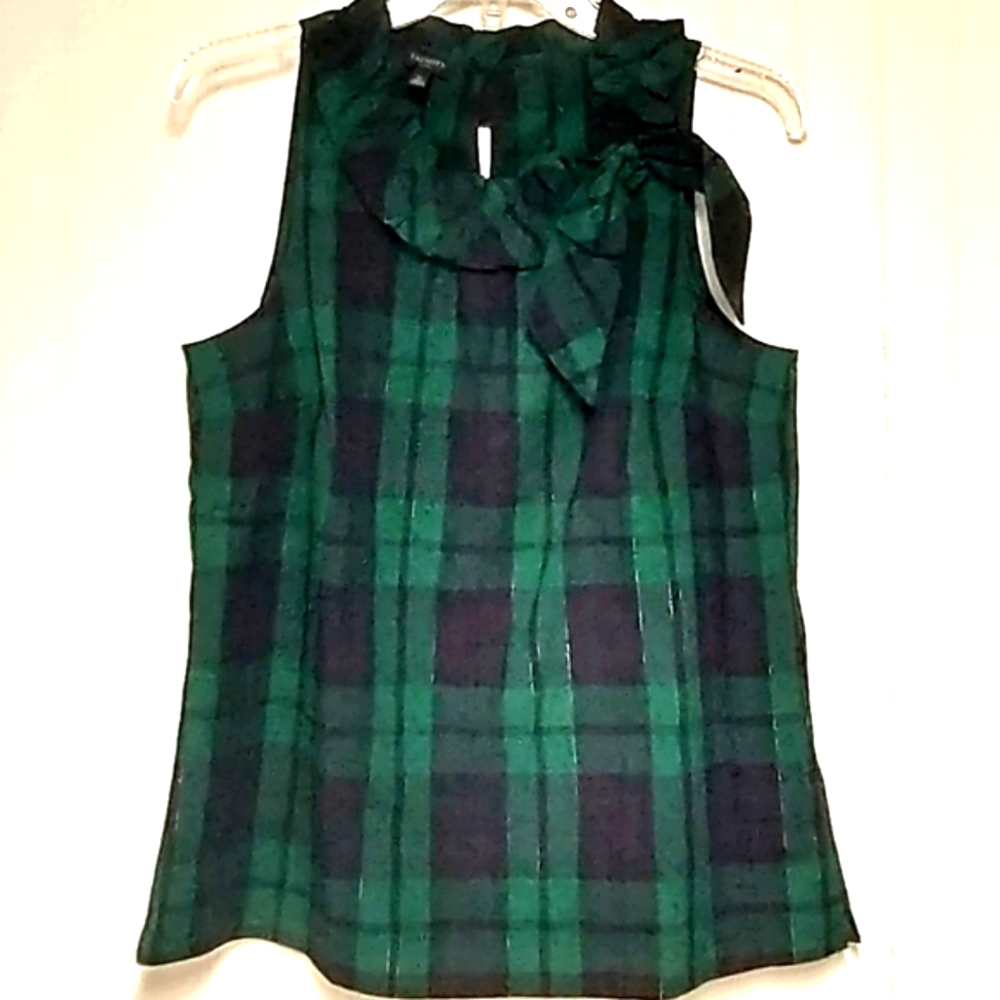 Talbots Green Navy Blue Sleeveless Blouse Shell Bow Tie Front Cotton Blend SP